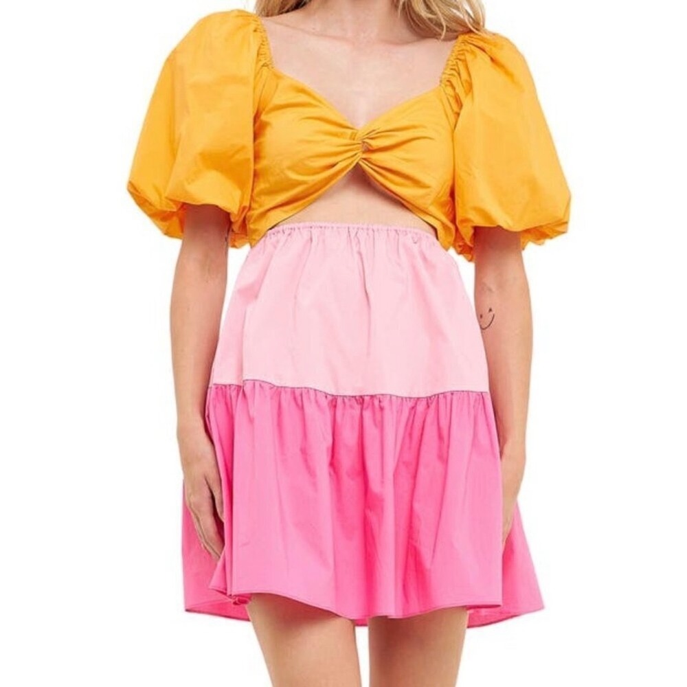 New‎ English Factory Pink Orange Colorblock Twist Front Dress Large